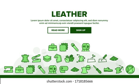 Leather Cloth Material Landing Web Page Header Banner Template Vector. Leather Shoe And Bag, Belt And Gloves, Knife And Scissors, Sewed Needle With Thread Illustration