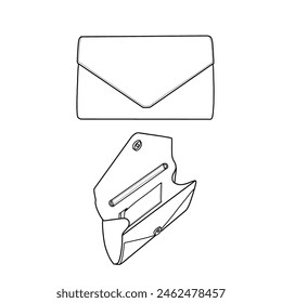 Leather clutch for women female ladies. Lineart flat sketch vector illustration isolated on a white background.