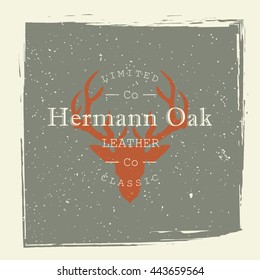 Leather company logo. Deer head silhouette on grunge texture. Vector illustration.
