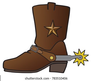 A leather cowboy boot with a metal star decoration has a spur attached