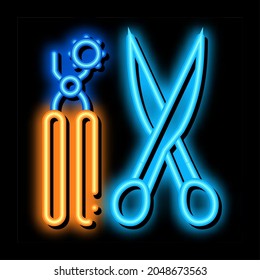 leather craft scissors and punch tool neon light sign vector. Glowing bright icon leather craft scissors and punch tool sign. transparent symbol illustration