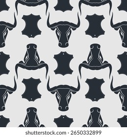 Padrão sem costura de artesanato de couro com símbolo de couro genuíno e cabeça de Bull. Ilustração vetorial