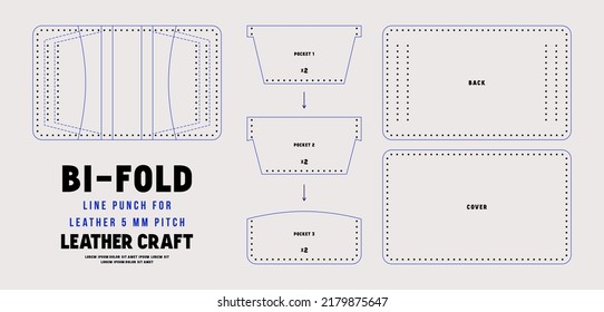 Leather craft sewing pattern for bi-fold cardholder. Line punch for leather 5mm pitch. Vector illustration