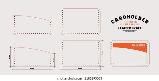 Leather craft sewing pattern for cardholder. Line punch for leather 5mm pitch. Vector illustration