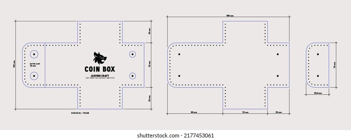 Leather craft sewing pattern for coin box. Line punch for leather 5mm pitch. Vector illustration