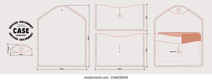 Leather craft sewing pattern for driver document case. Line punch for leather 5mm pitch. Vector illustration