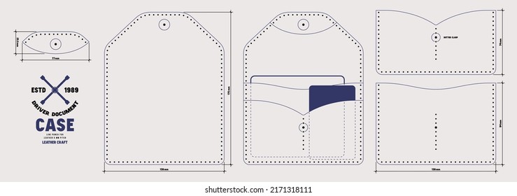 Leather craft sewing pattern for driver document case. Line punch for leather 5mm pitch. Vector illustration