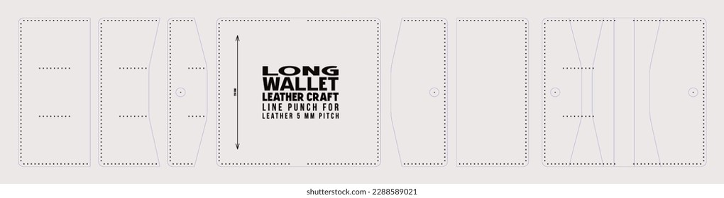 Leather craft sewing pattern for long wallet. Line punch for leather 5mm pitch. Vector illustration