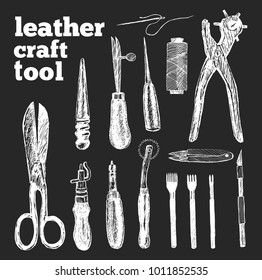 Leather craft tools in graphic style hand-drawn vector illustration.