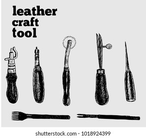 Leather craft tools in graphic style hand-drawn vector illustration.