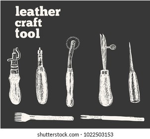 Leather craft tools in graphic style hand-drawn vector illustration.