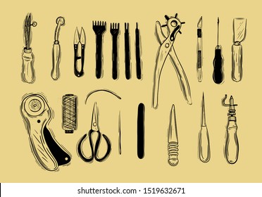 Leather craft tools in graphic style hand-drawn vector illustration