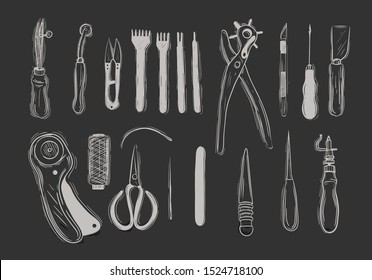 Leather craft tools in graphic style hand-drawn vector illustration