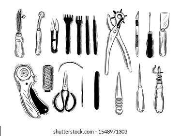 Leather craft tools in graphic style hand-drawn vector illustration