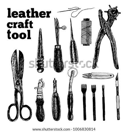 Leather craft tools in graphic style hand-drawn vector illustration.
