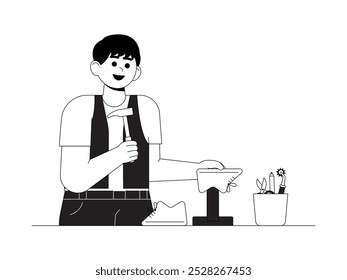 Leather craftsman making shoes with proper equipment, craft vector illustration.