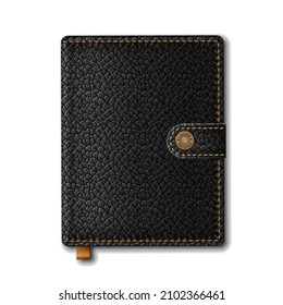 Leather diary book cover. Black Leather notebook isolated on white background. Vector illustration