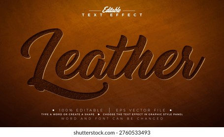 Leather Editable Text Effect Design Vector Graphic Style with Vintage Cut Out Skin Texture Typography Lettering on Brown Background. Scalable Embossed Craft Illustration Template for Greeting Card, Flyer, Banner, Celebration Poster or Party Invitation