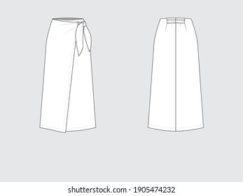 leather elastic wrap skirt, front and back, drawing flat sketches with vector illustration.