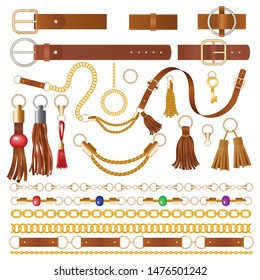 Leather elements. Fabric decoration for clothes luxury chains straps and embroidery braided details vector illustrations. Fringe and leather bracelet, strap embroidery