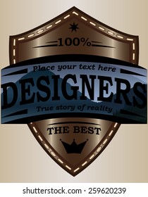 Leather emblem on shield with mountains and inscriptions. Vector illustration