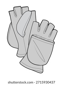 Leather fingerless gloves vector design mockup template technical flat drawing.