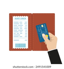 Leather folder with receipt, hand holds credit card for payment. Wallet with guest check and payment. Top view. Paying bill in a restaurant or cafe. Flat vector illustration