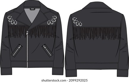 LEATHER FRINGE JACKET FRONT AND BACK FOR UNISEX OUTER WEAR VECTOR SKETCH