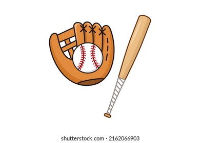 Leather glove with baseball and bat isolated over white background. illustration in flat style