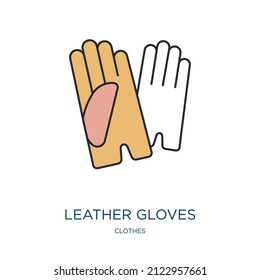 icono de guantes de cuero de la colección de ropa. Guantes de cuero de contorno delgado, cuero, guantes, icono de color lineal lineal detallado y lineal aislado en el fondo blanco. Signo de guantes de cuero vectorial de línea, símbolo para web