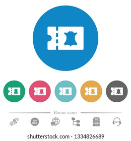 Leather goods discount coupon flat white icons on round color backgrounds. 6 bonus icons included.