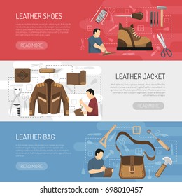 Leather goods horizontal banners with working tools and skinners making clothes  shoes and accessories flat vector illustration