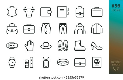 Leather goods isolated icons set. Set of leather symbol, wallet, diary, case, bag, purse, footwear, clothing, bracelet, belt and other accessories vector icon with editable stroke