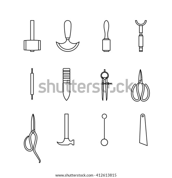 Leather hand craft tool icon set outline style\
isolated on white\
background