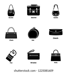 Leather handbag icons set. Simple set of 9 leather handbag vector icons for web isolated on white background