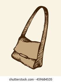Leather handbag with long handle for carrying over shoulder. Brown monochrome freehand ink drawn backdrop card sketchy in scrawl antiquity style of pen on paper with space for text
