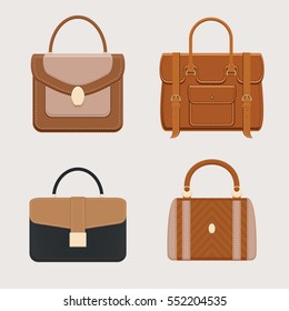 Leather handbag, portfolio, briefcase business style collection for ladies and gentlemen. Trendy accessory. Isolated objects. Vector illustration