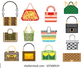 Leather handbags. Set of classic leather multicolored female bags on a white background