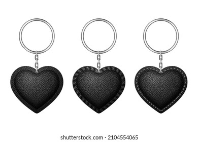 Leather Heart Shape Keychain, Holder Trinket For Key With Metal Ring. Vector Realistic Template Of Black Fob For Home, Car Or Office Isolated On White Background.