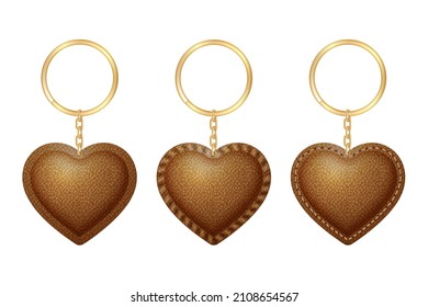 Leather Heart Shape Keychain, Holder Trinket For Key With Metal Ring. Vector Realistic Template Of Brown Fob For Home, Car Or Office Isolated On White Background.