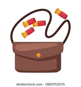 Leather Hunter Safari Bag and Bullets Flat Vector Illustration