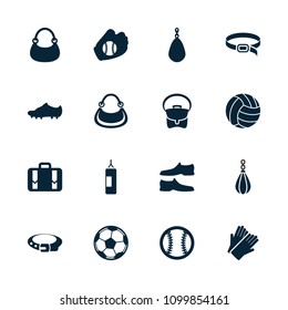 Leather icon. collection of 16 leather filled icons such as belt, gloves, man shoe, bag, luggage, soccer trainers, baseball glove. editable leather icons for web and mobile.