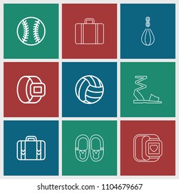 Leather icon. collection of 9 leather outline icons such as belt, luggage, baseball, volleyball, baby shoes, sandals. editable leather icons for web and mobile.