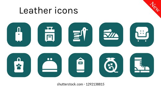  leather icon set. 10 filled leather icons. Simple modern icons about  - Suitcase, Thread, Shoe, Armchair, Bag, Purse, Punching bag, Knit, Boots