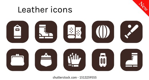 leather icon set. 10 filled leather icons.  Collection Of - Punching bag, Boots, Fabric, Volleyball, Baseball, Purse, Football gloves, Suitcase icons