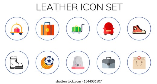 leather icon set. 10 flat leather icons.  Simple modern icons about  - luggage, boot, suitcase, soccer ball, thimble, armchair, sneakers, bag