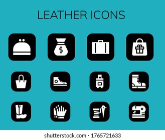 leather icon set. 12 filled leather icons. Included Purse, Bag, Boots, Sneakers, Football gloves, Suitcase, Thread, Sewing icons