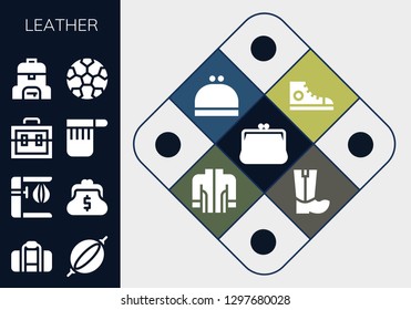  leather icon set. 13 filled leather icons. Simple modern icons about  - Purse, Bag, Punching bag, Suitcase, Football, Sneakers, Jacket, Boots