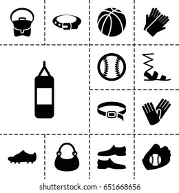 Leather icon. set of 13 filled leathericons such as belt, gloves, sandals, man shoe, bag, basketball, soccer trainers, baseball glove, baseball