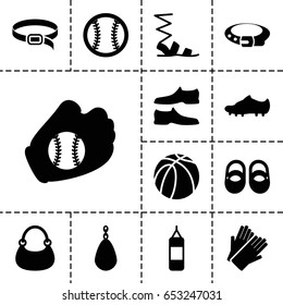 Leather icon. set of 13 filled leathericons such as baby shoes, belt, gloves, sandals, man shoe, bag, basketball, soccer trainers, baseball glove, baseball